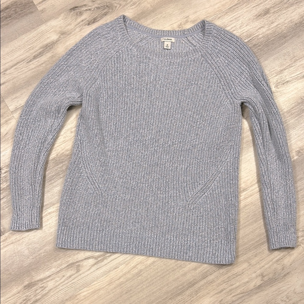 L.L. Bean Women’s Classic Fisherman Crew Sweater Blue, Gray & White Chunky Knit